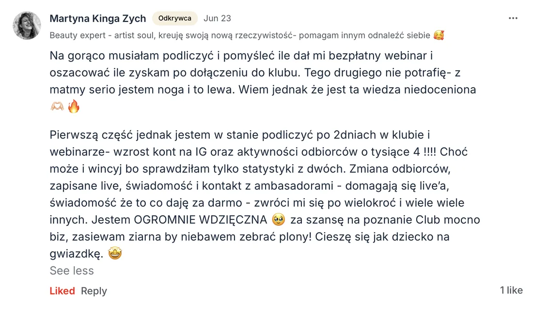 Opinia członka MOCNO Clubu